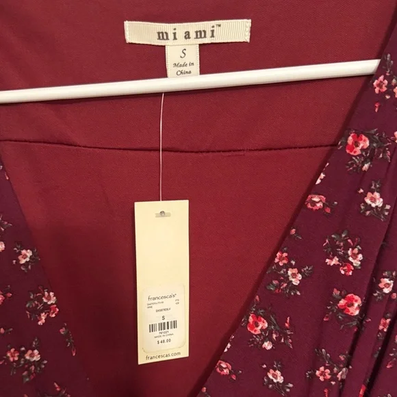 Francesca’s Burgundy Floral Wrap Dress - Picture 2 of 8